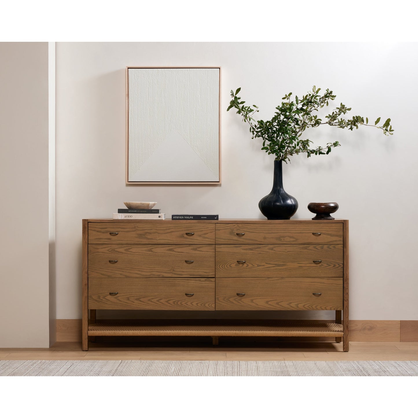 011 SI-1901739 | Lifestyle | Zuma 6 Drawer Dresser by Four Hands in dune ash, gunmetal, natural paper cord and dune ash. Made from solid ash, rush in a transitional style.
