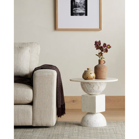 Neda End Table by Four Hands in polished white marble solid, polished white marble and polished white marble. Made from solid marble in a modern style.