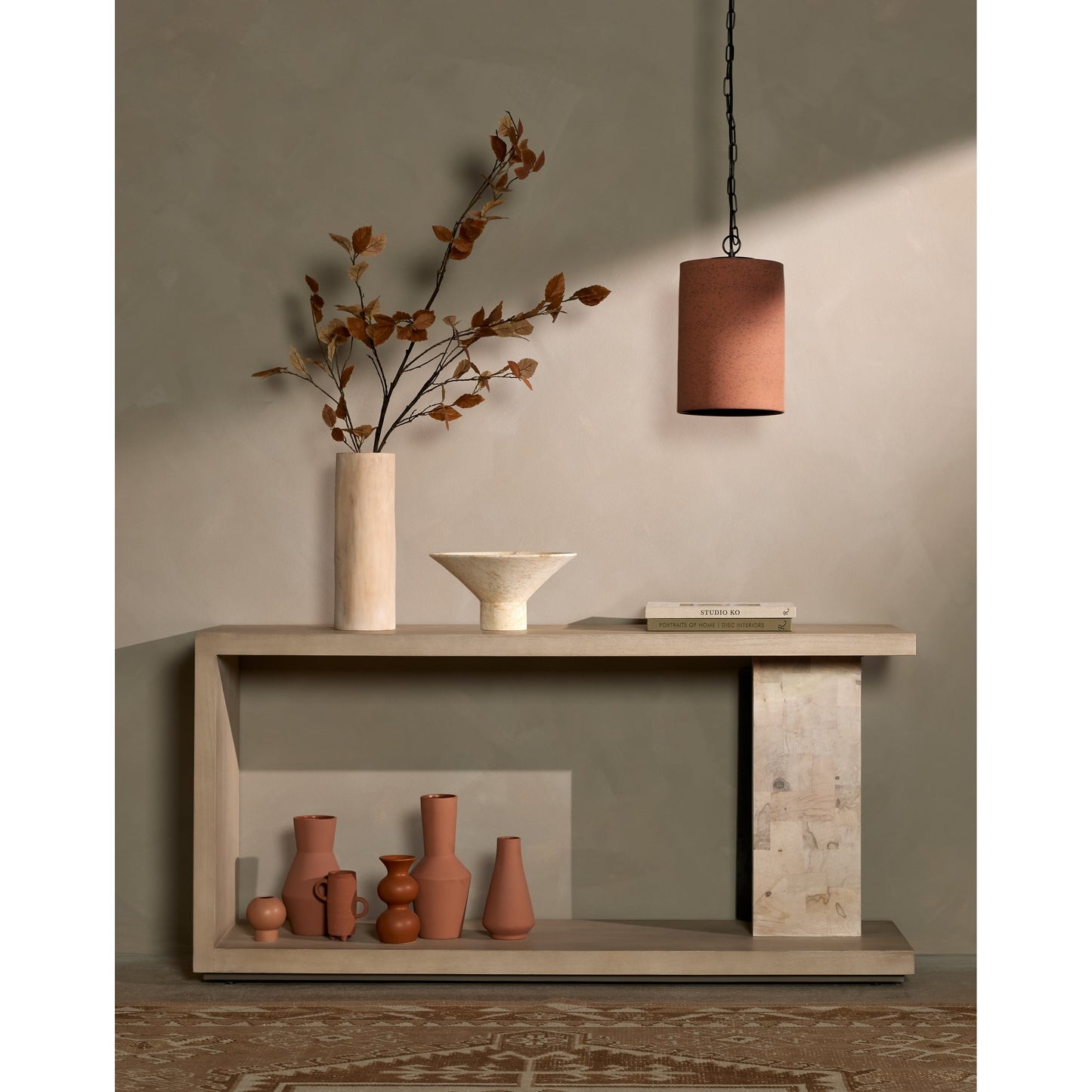 014 SI-1799517 | Lifestyle | Darian Console Table by Four Hands in white mahogany, bleached burl, beige and white mahogany, bleached burl. Made from thick mahogany veneer, ash burl veneer, engineered hardwood in a modern style.