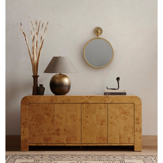 Jenson Media Console by Four Hands in natural poplar burl veneer and natural poplar burl. Made from poplar burl veneer in a coastal style.