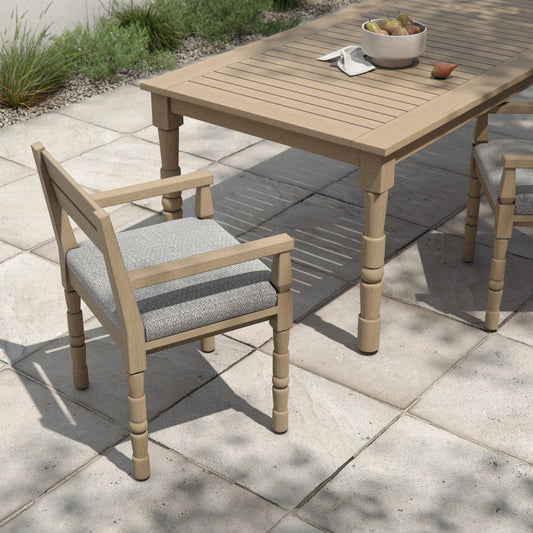 Waller Outdoor Dining Armchair, Washed Brown by Four Hands. Made from 100% olefin, solid fsc®-certified teak, 91% polyurethane foam pad, 9% polyester fiber batting in a transitional style.
