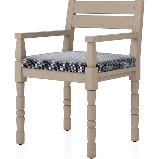 001 SI-1901636 | Additional Silo | Waller Outdoor Dining Armchair, Washed Brown by Four Hands. Made from 100% olefin, solid fsc®-certified teak, 91% polyurethane foam pad, 9% polyester fiber batting in a transitional style.