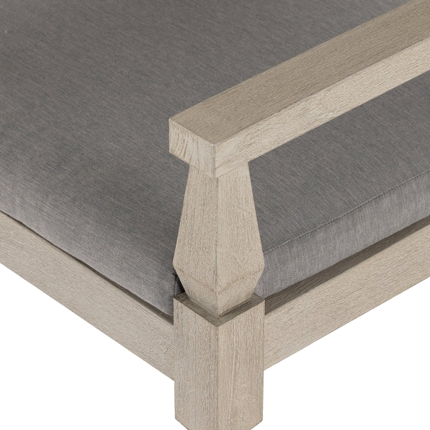 019 SI-1901963 | Additional Silo | Waller Outdoor Dining Armchair, Weathered Grey by Four Hands. Made from 100% olefin, solid fsc®-certified teak, 91% polyurethane foam pad, 9% polyester fiber batting in a transitional style.