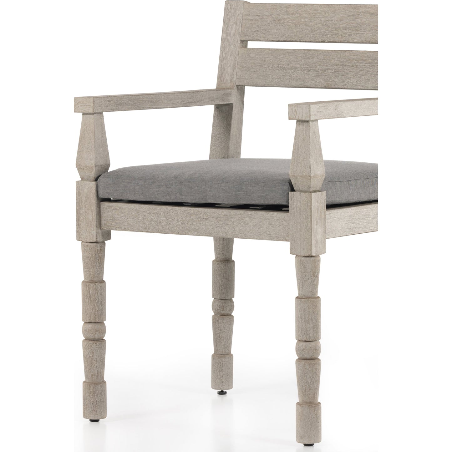 022 SI-1901963 | Additional Silo | Waller Outdoor Dining Armchair, Weathered Grey by Four Hands. Made from 100% olefin, solid fsc®-certified teak, 91% polyurethane foam pad, 9% polyester fiber batting in a transitional style.