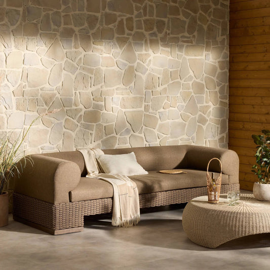 Joss Outdoor Sofa by Four Hands. Made from 100% olefin, solid teak, 100% polyethylene in a coastal style.