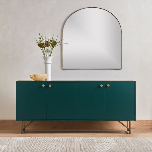 Georgina Wide Mirror by Four Hands in polished brass. Made from aluminum, engineered hardwood, mirror in a modern style.