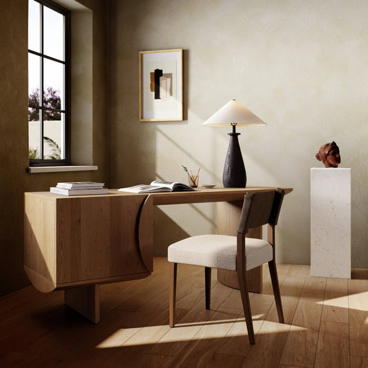 Pickford Desk by Four Hands in dusted oak veneer, dusted oak thin veneer and dusted oak. Made from thick oak veneer in a modern style.