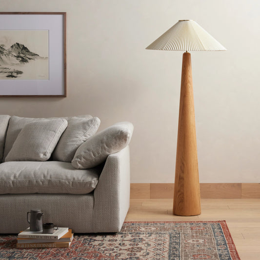 Nora Floor Lamp by Four Hands in light oak. Made from solid oak, 100% flax, linen, steel plating in a modern style.