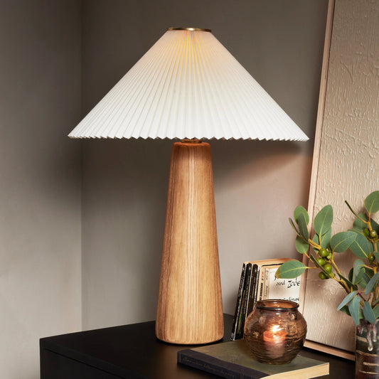 Nora Table Lamp by Four Hands in light oak. Made from solid oak, 100% flax, linen, steel plating in a modern style.