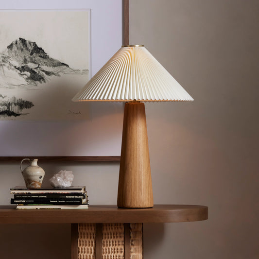 Nora Table Lamp by Four Hands in light oak. Made from solid oak, 100% flax, linen, steel plating in a modern style.