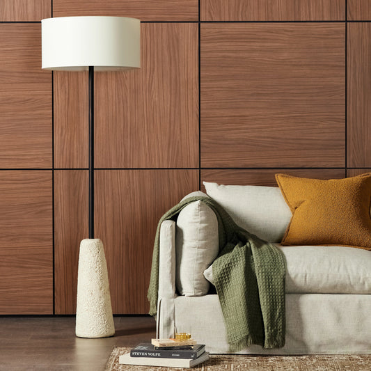 Wren Floor Lamp by Four Hands in reactive white glaze, ivory linen. Made from ceramic, 65% polyester, 35% flax, linen, thermoplastic in a modern style.