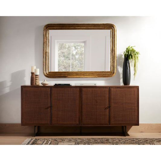 Vintage Louis Mirror by Four Hands in antiqued gold leaf, mirror and antiqued gold leaf. Made from aluminum, engineered hardwood, mirror in a transitional style.