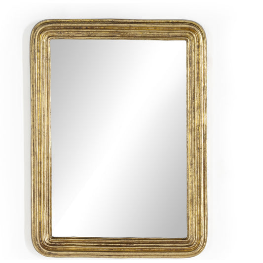 Vintage Louis Mirror by Four Hands in antiqued gold leaf, mirror and antiqued gold leaf. Made from aluminum, engineered hardwood, mirror in a transitional style.