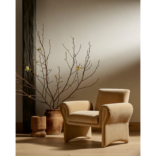 Raya Chair by Four Hands in surrey camel. Made from 76.8% cotton, 23.2% polyester, poplar plywood, 100% polyester in a modern style.