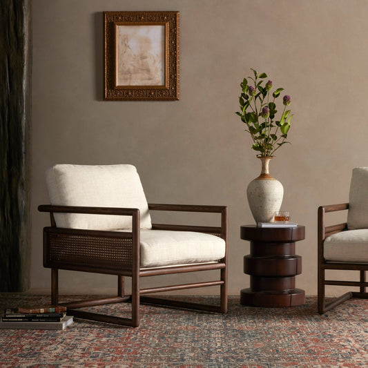 Carlin Chair by Four Hands in almond cane, alcala cream, almond ash. Made from 70% polyester, 20% viscose (rayon), 10% flax, linen, solid ash, cane in a modern style.