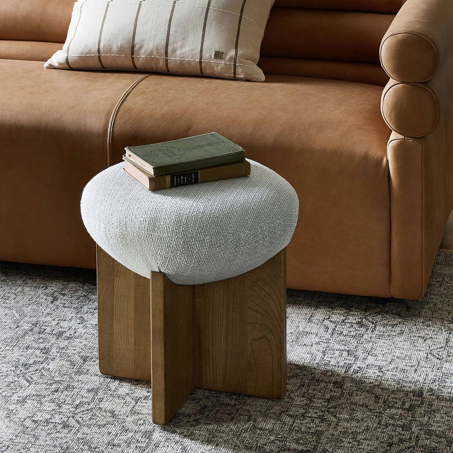 010 SI-1903005 | Lifestyle | Dax Ottoman by Four Hands in gibson wheat, toasted ash solid. Made from 97% polyester, 3% acrylic, solid ash, poplar plywood in a coastal style.