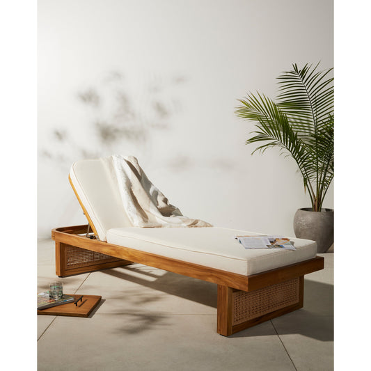 Merit Outdoor Chaise Lounge by Four Hands in natural ivory and natural teak. Made from 100% olefin, solid fsc®-certified teak, 100% polyethylene in a coastal style.