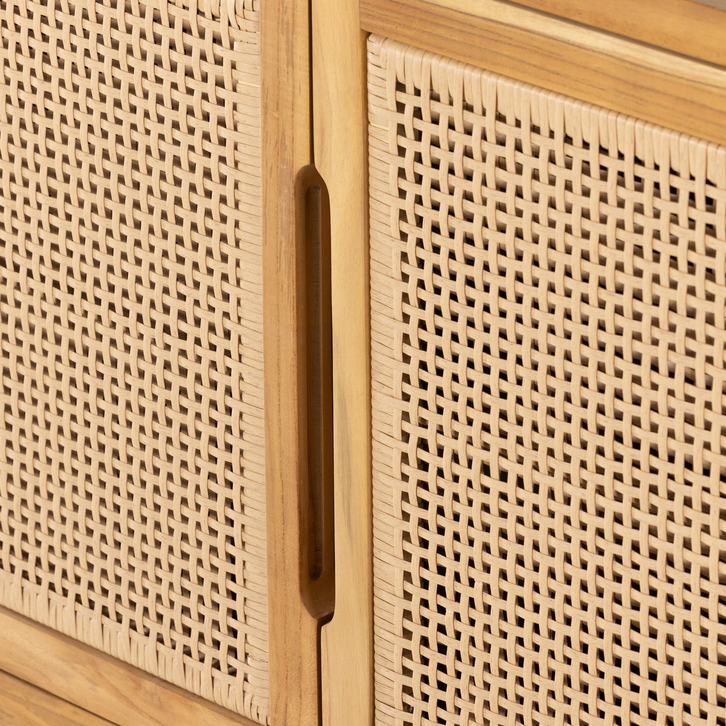 013 SI-1901418 | Additional Silo | Merit Outdoor Sideboard by Four Hands in faux rattan, natural teak. Made from solid fsc®-certified teak, 100% polyethylene in a coastal style.