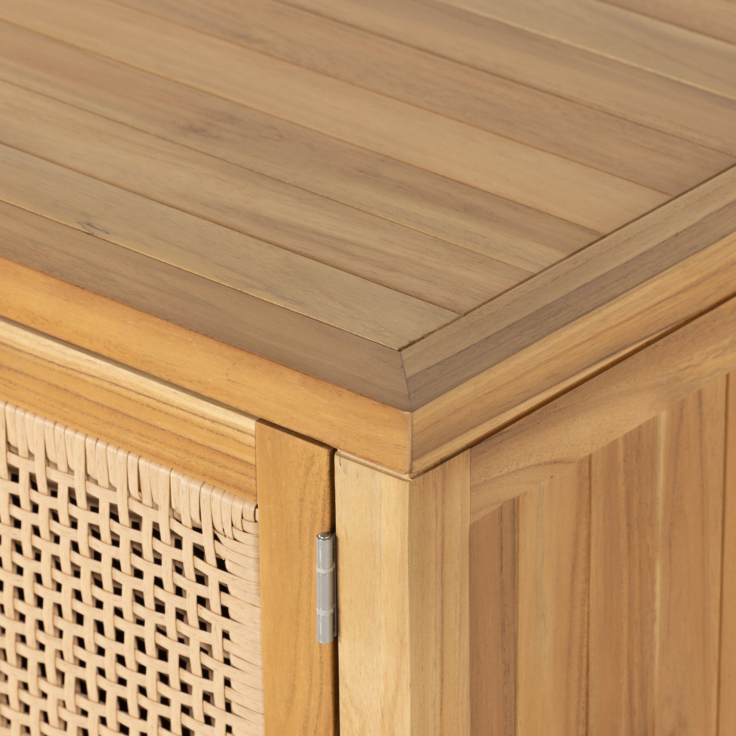 009 SI-1901418 | Additional Silo | Merit Outdoor Sideboard by Four Hands in faux rattan, natural teak. Made from solid fsc®-certified teak, 100% polyethylene in a coastal style.
