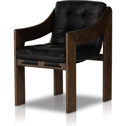 Halston Dining Armchair by Four Hands in heirloom black, terra brown ash. Made from top grain leather, solid ash, 100% polyester in a modern style.