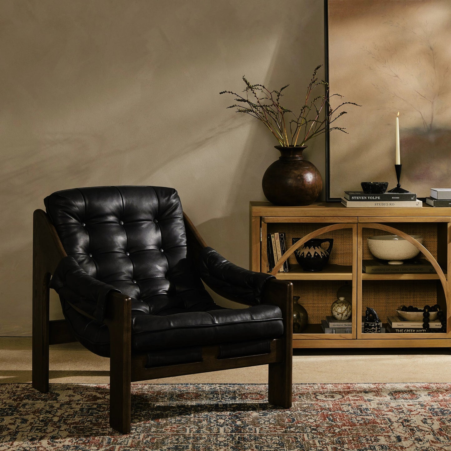 035 SI-1977354 | Lifestyle | Halston Chair by Four Hands. Made from top grain leather, solid ash, 100% polyester in a modern style.