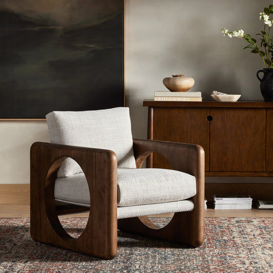 Downey Chair by Four Hands in gibson wheat, vintage parawood. Made from 97% polyester, 3% acrylic, solid parawood, 50% polyester fiber, 50% duck feather in a modern style.