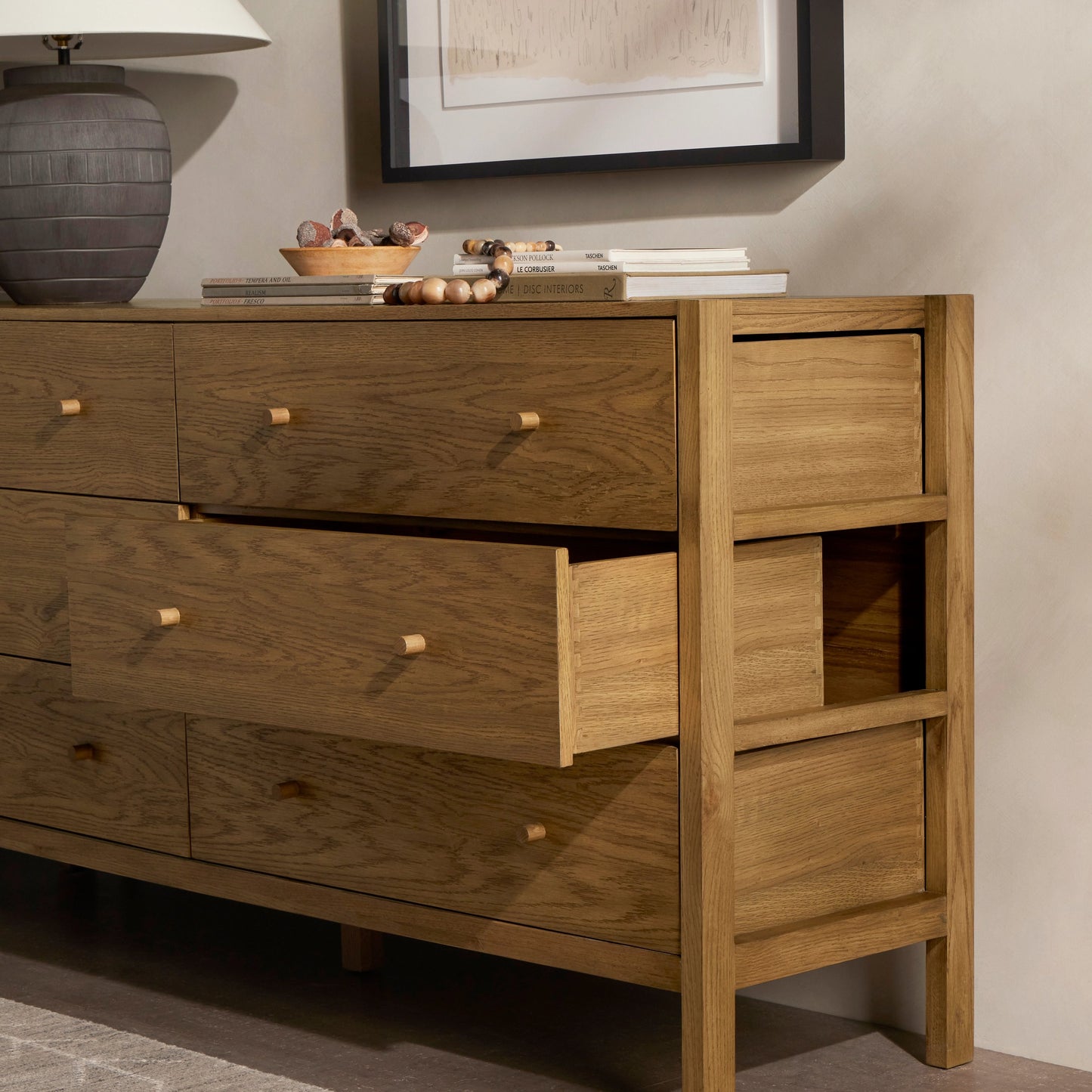 016 SI-1977549 | Lifestyle | Meadow 6 Drawer Dresser by Four Hands in tawny oak. Made from solid oak, oak veneer in a modern style.