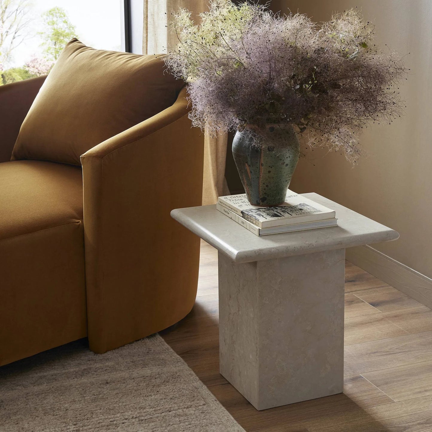 016 SI-1901916 | Lifestyle | Arum End Table by Four Hands in cream marble. Made from solid marble in a transitional style.