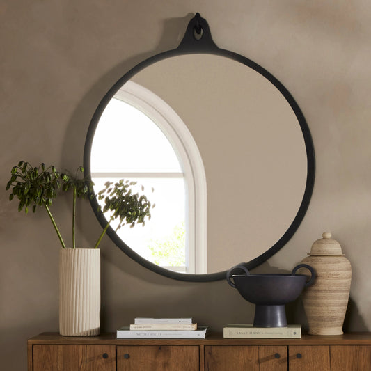 Hyde Round Mirror by Four Hands in black. Made from aluminum, engineered hardwood, mirror in a cottage & farmhouse style.