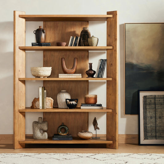 Edmund Bookcase by Four Hands in smoked pine. Made from solid pine in a transitional style.