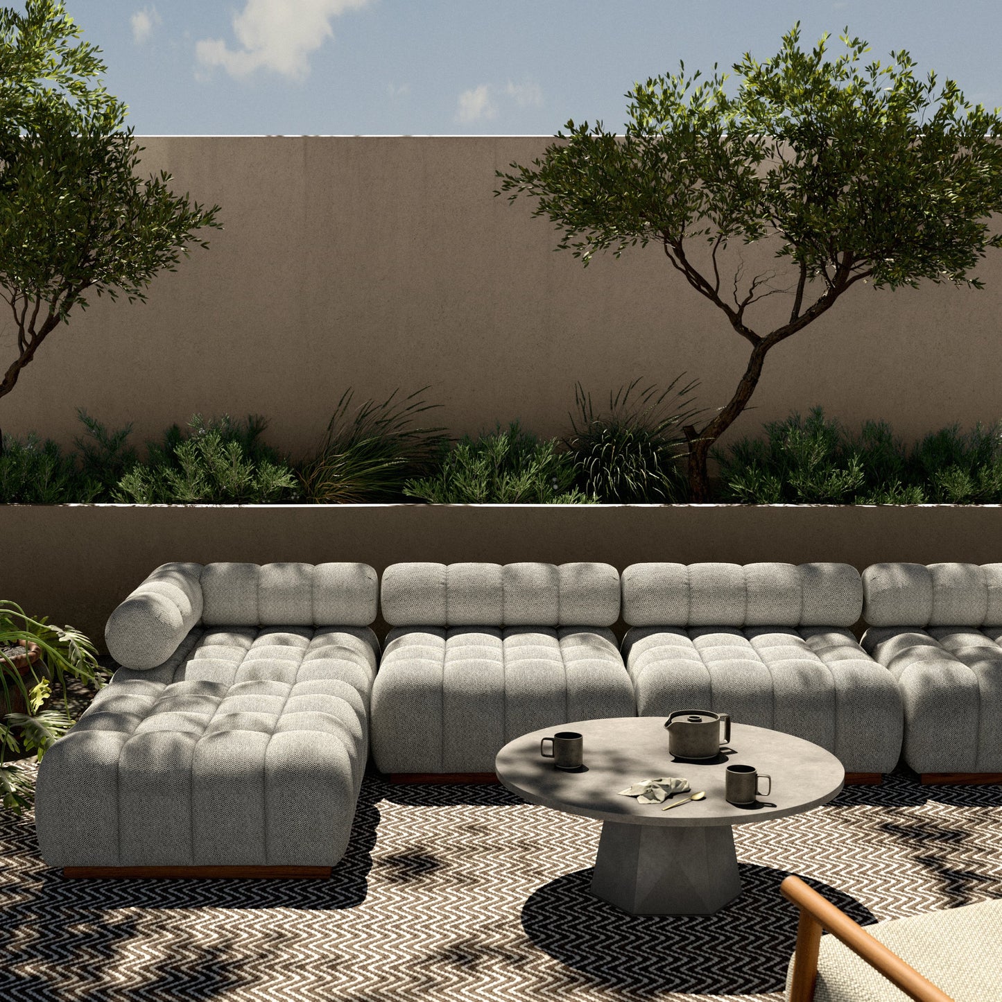 011 SI-1798900 | Lifestyle | Roma Outdoor 4PC Sectional W/Ottoman by Four Hands in faye ash and natural teak. Made from 100% olefin, solid teak, 91% polyurethane foam pad, 9% polyester fiber batting in a modern style.