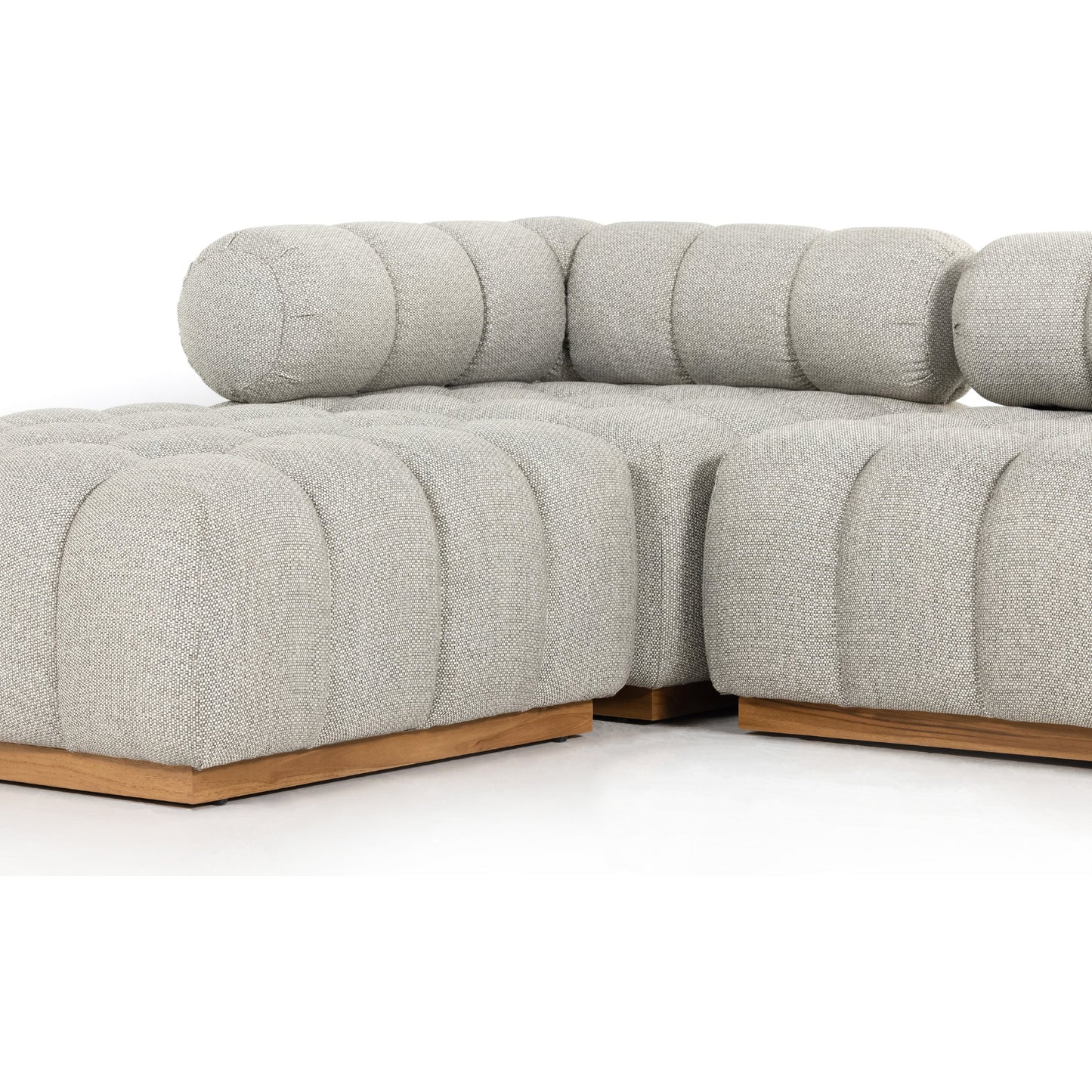 009 SI-1798900 | Additional Silo | Roma Outdoor 4PC Sectional W/Ottoman by Four Hands in faye ash and natural teak. Made from 100% olefin, solid teak, 91% polyurethane foam pad, 9% polyester fiber batting in a modern style.
