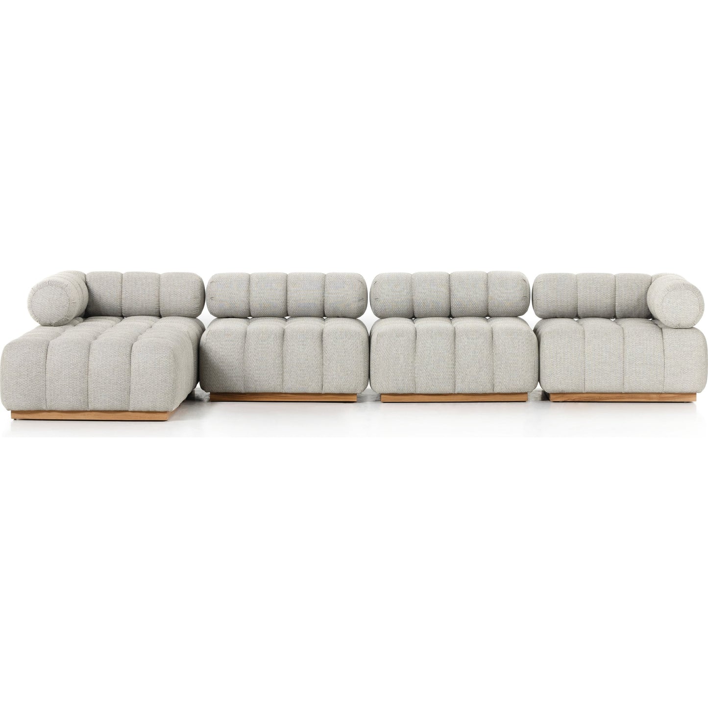 003 SI-1798900 | Additional Silo | Roma Outdoor 4PC Sectional W/Ottoman by Four Hands in faye ash and natural teak. Made from 100% olefin, solid teak, 91% polyurethane foam pad, 9% polyester fiber batting in a modern style.