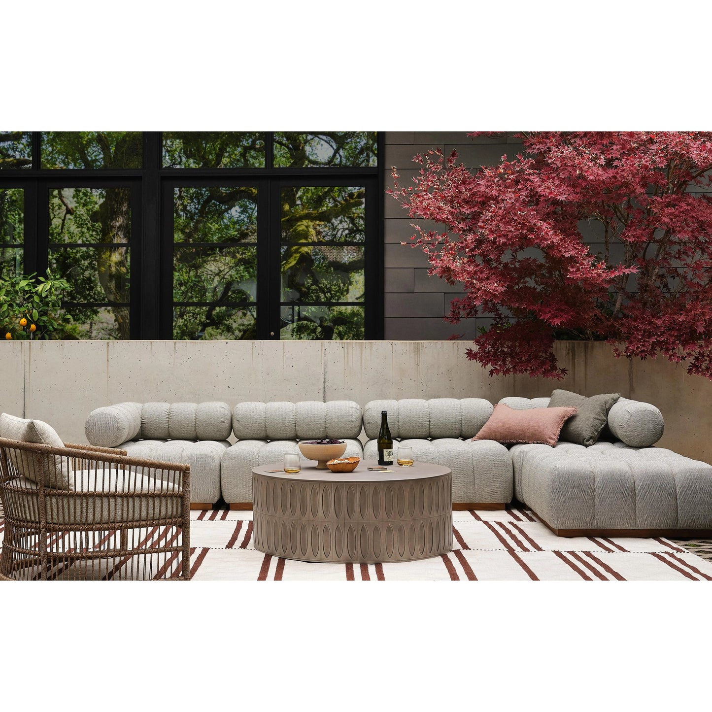 012 SI-1798900 | Lifestyle | Roma Outdoor 4PC Sectional W/Ottoman by Four Hands in faye ash and natural teak. Made from 100% olefin, solid teak, 91% polyurethane foam pad, 9% polyester fiber batting in a modern style.