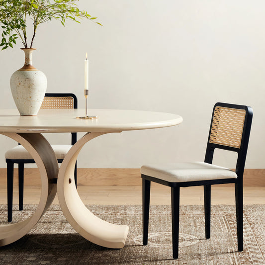 Veka Dining Chair by Four Hands in brushed ebony, savile flax. Made from 92% polyester, 8% flax, linen, solid beech, cane in a coastal style.