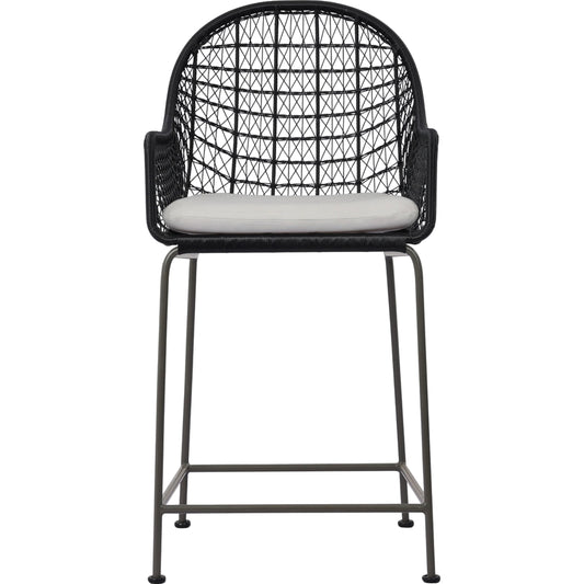 Bandera Outdoor Counter Stool with Cushion by Four Hands in smoke black. Made from 100% olefin, iron, 100% polyethylene in a coastal style.
