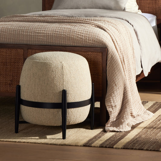 Sia Ottoman by Four Hands in athena taupe and carbon ebony. Made from 92% polyester, 8% nylon, iron, 100% polyester in a modern style.