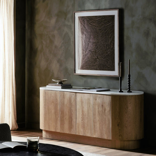 Mariah Sideboard by Four Hands in light blonde oak, white marble. Made from solid oak, solid marble, solid mango in a modern style.