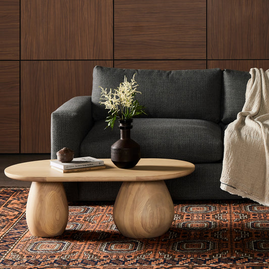 Merla Wood Coffee Table by Four Hands in light natural ash. Made from ash veneer, solid ash, engineered hardwood in a modern style.
