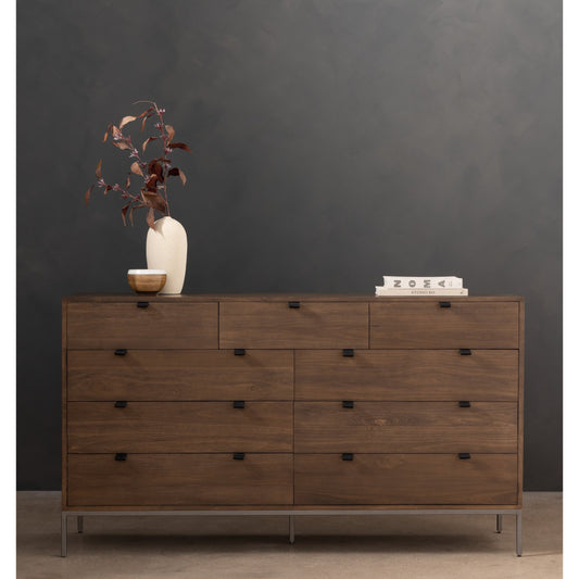 Trey 9 Drawer Dresser by Four Hands. Made from solid poplar, top grain leather in a transitional style.