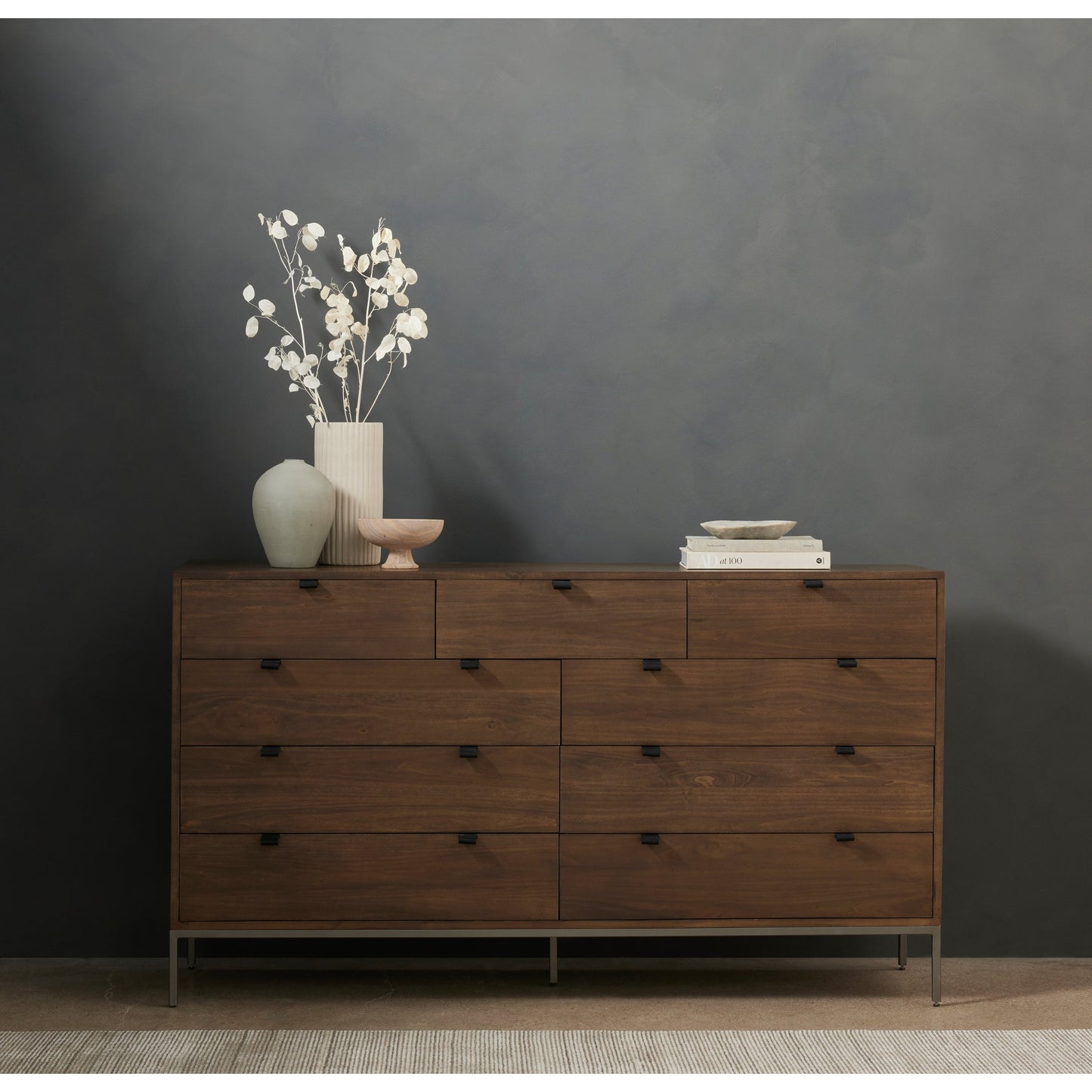039 SI-1901198 | Lifestyle | Trey 9 Drawer Dresser by Four Hands. Made from solid poplar, top grain leather in a transitional style.
