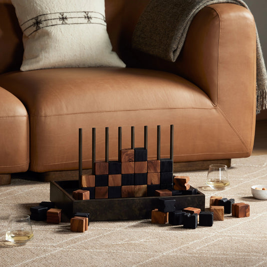 Four In a Row by Four Hands in aged grey, aged metal, natural guanacaste, carbonized black. Made from aluminum, iron, guanacaste solid in a modern style.