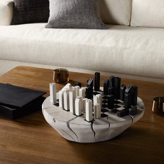 Modern Chess Set by Four Hands in ivory. Made from solid mixed reclaimed wood, iron in a modern style.