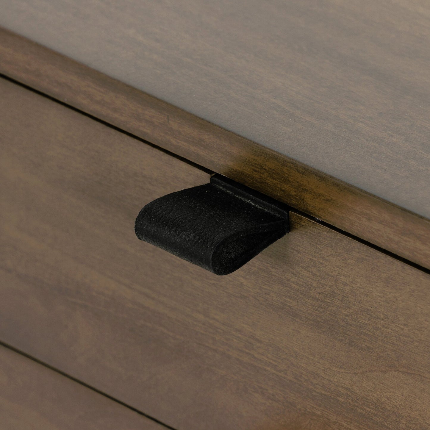 016 SI-2137668 | Closeup | Trey Large Nightstand by Four Hands. Made from solid poplar, top grain leather, iron in a modern style.