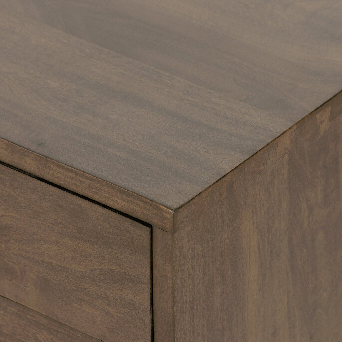 017 SI-2137668 | Closeup | Trey Large Nightstand by Four Hands. Made from solid poplar, top grain leather, iron in a modern style.