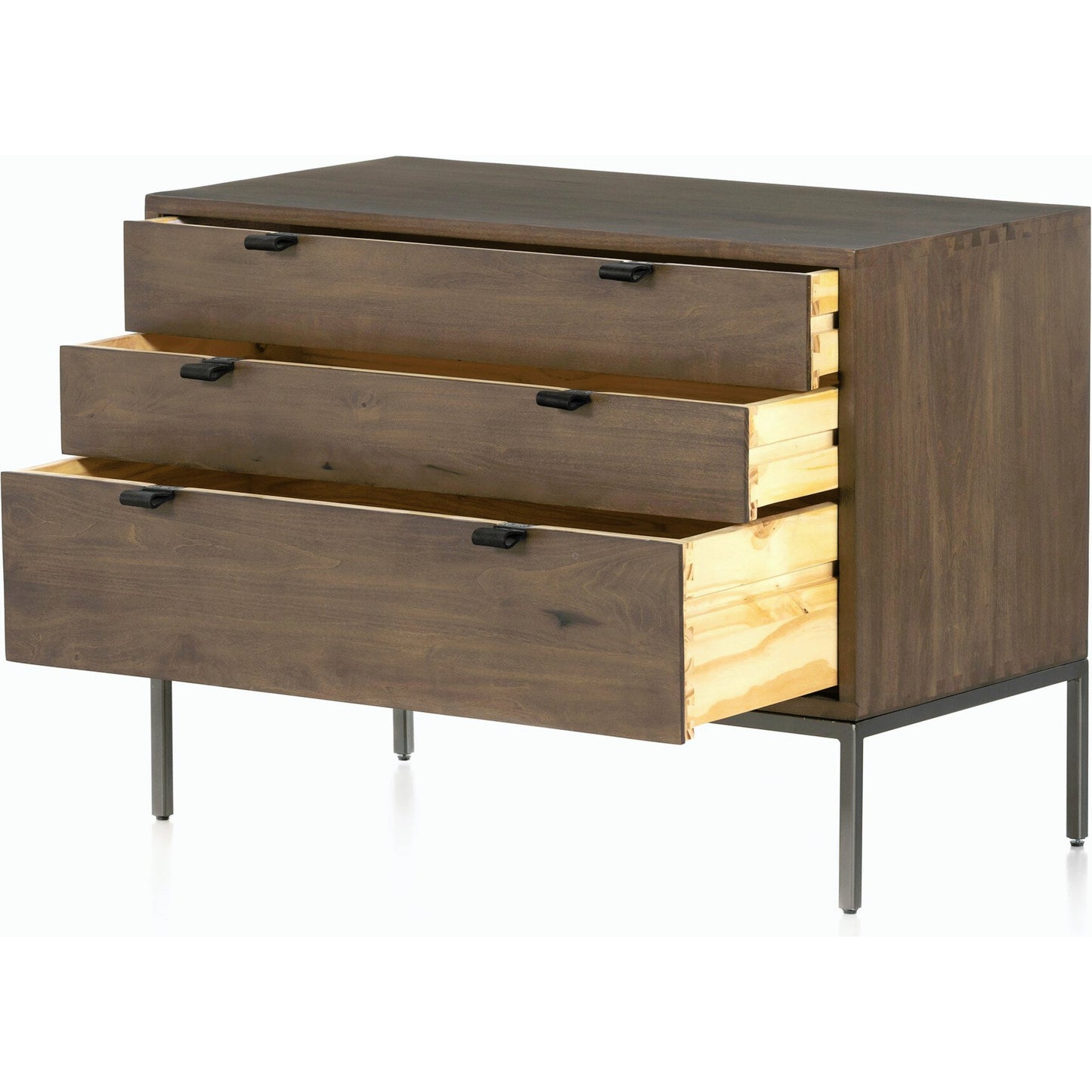015 SI-2137668 | Closeup | Trey Large Nightstand by Four Hands. Made from solid poplar, top grain leather, iron in a modern style.