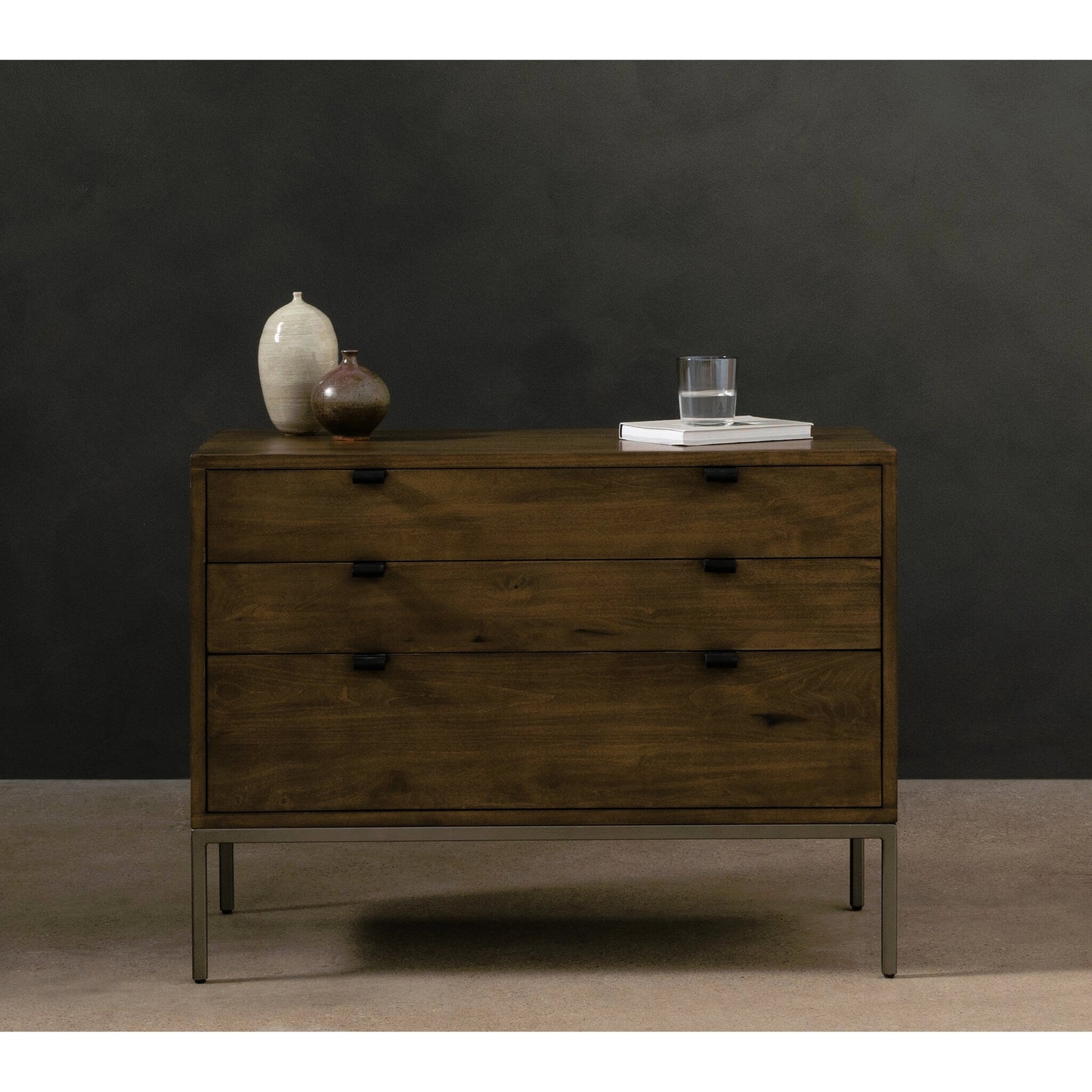 032 SI-2137668 | Lifestyle | Trey Large Nightstand by Four Hands. Made from solid poplar, top grain leather, iron in a modern style.