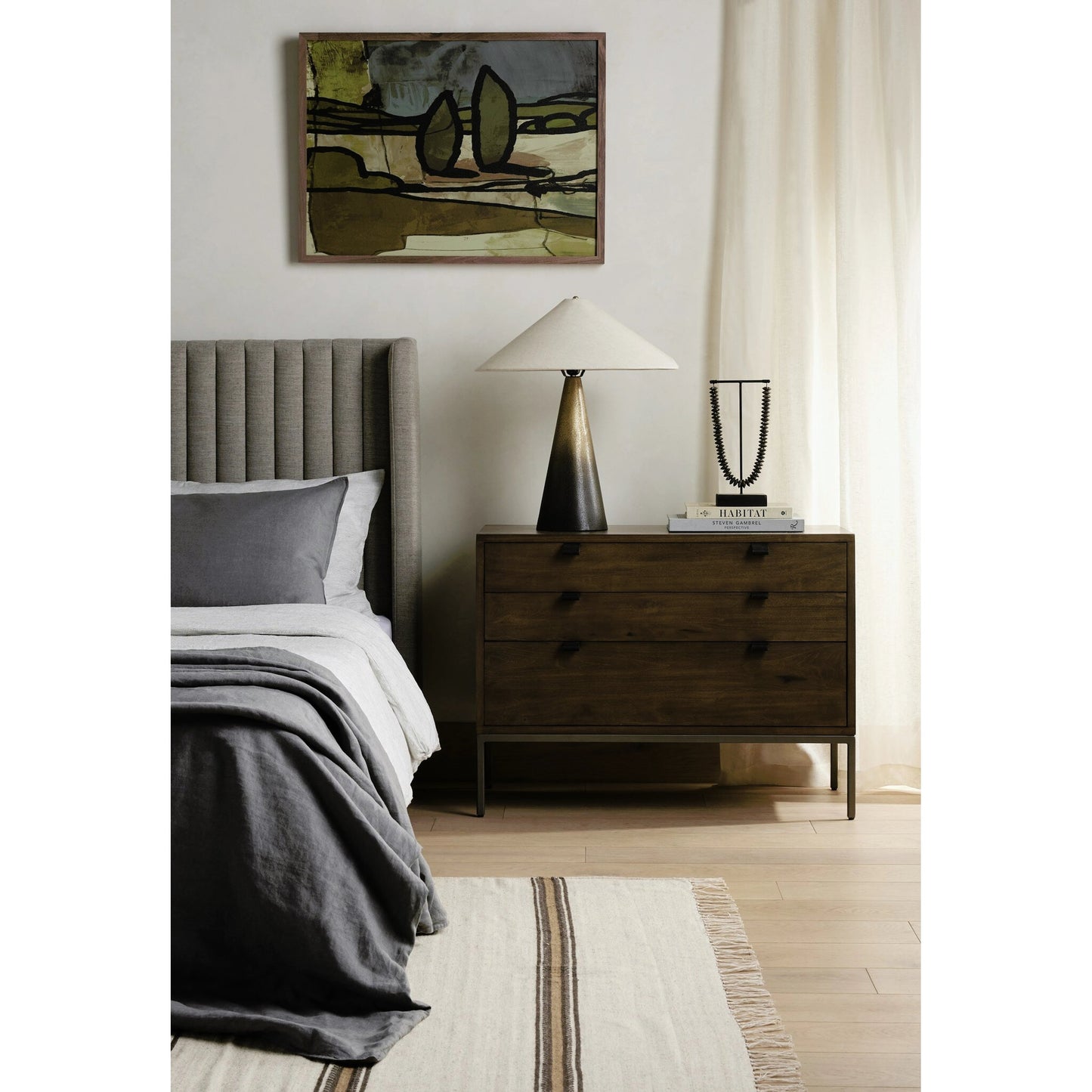 033 SI-2137668 | Lifestyle | Trey Large Nightstand by Four Hands. Made from solid poplar, top grain leather, iron in a modern style.