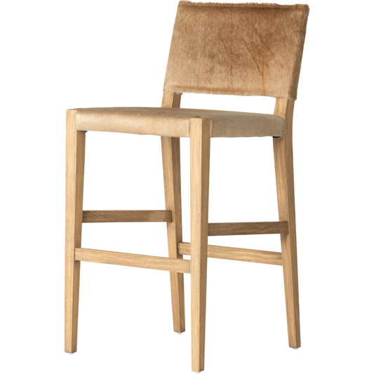 001 SI-1903065 | Primary Silo | Villa Bar Stool by Four Hands in light hair on hide, natural beech. Made from hair on hide, solid beech, iron in a modern style.