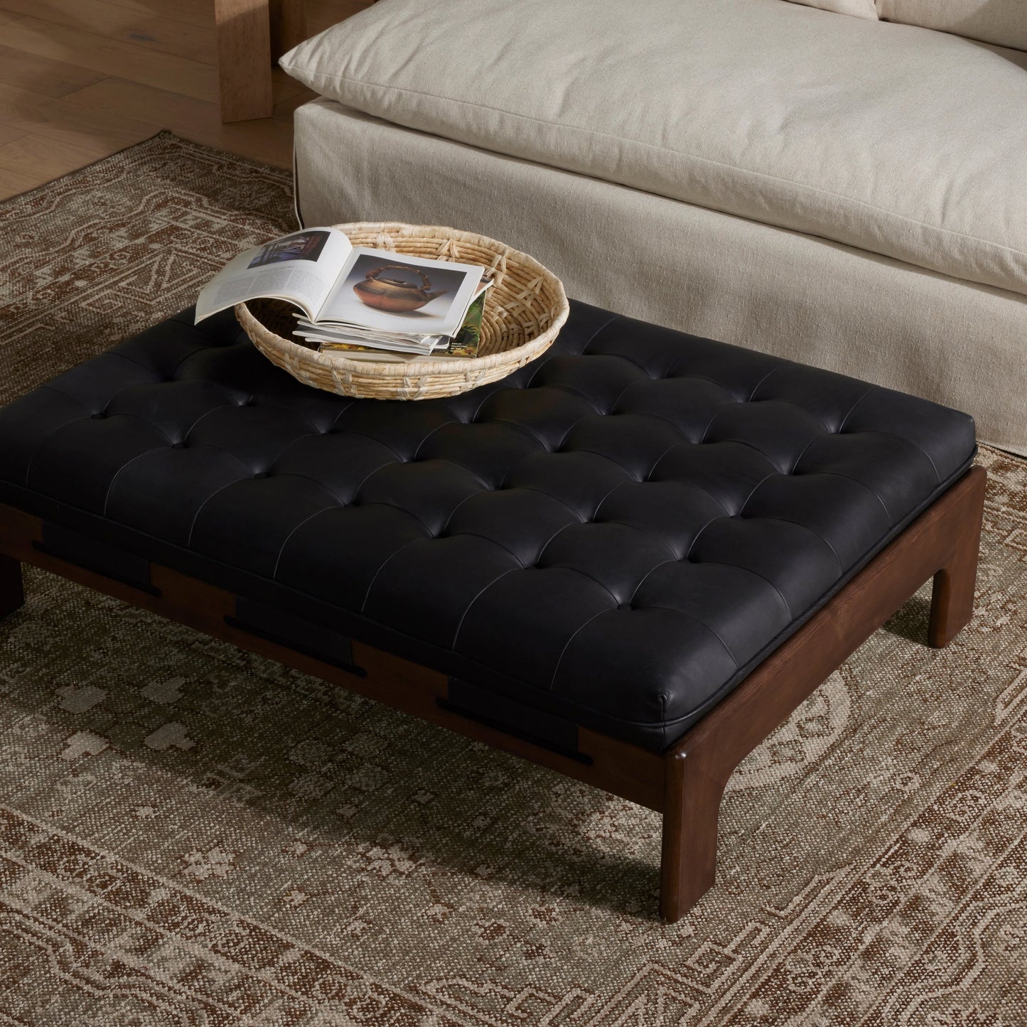 018 SI-1977356 | Lifestyle | Halston Cocktail Ottoman by Four Hands. Made from top grain leather, solid ash, 100% polyester in a modern style.